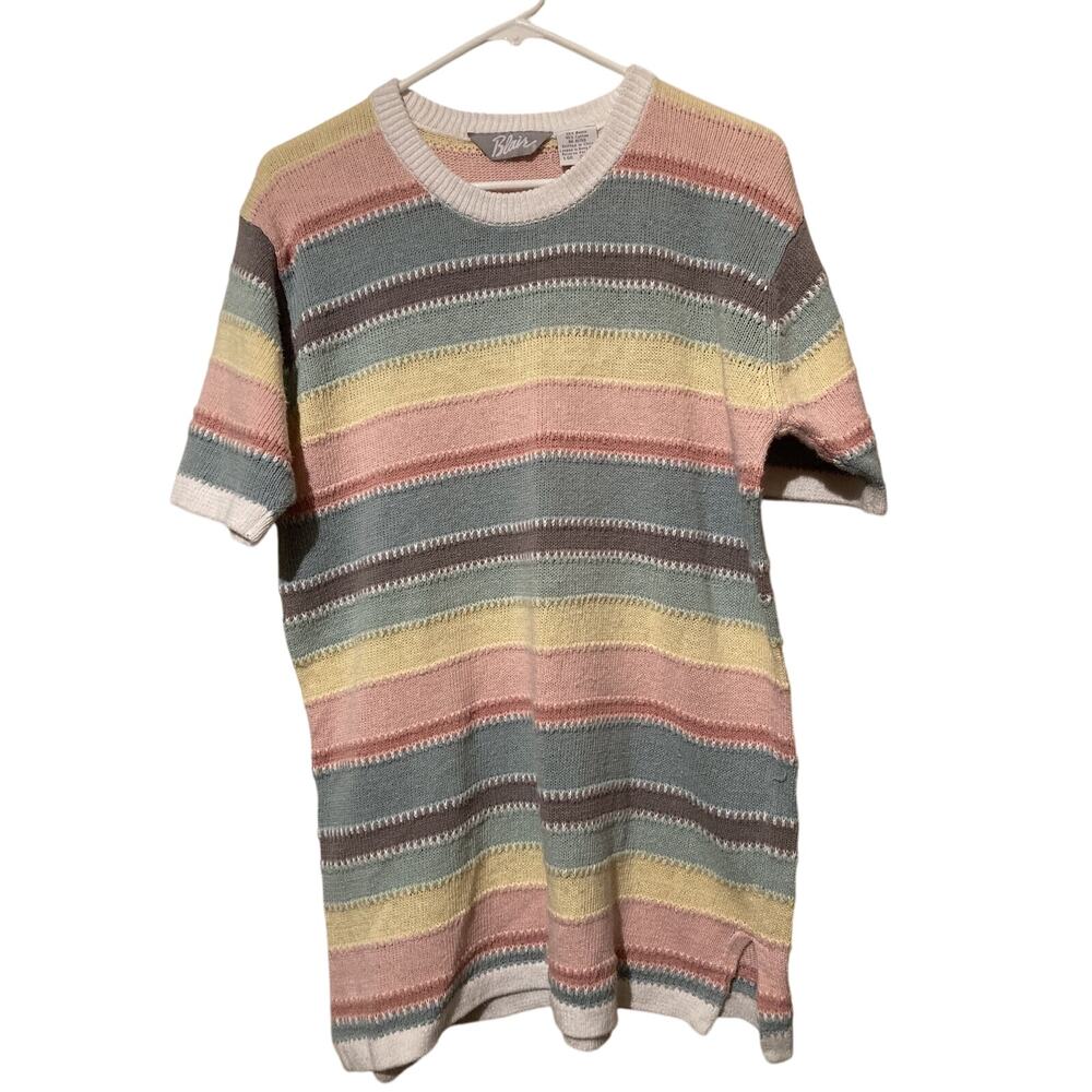 Vintage Large BLAIR Pastel Pink Blue Yellow White Long Short Sleeve Knit Sweater